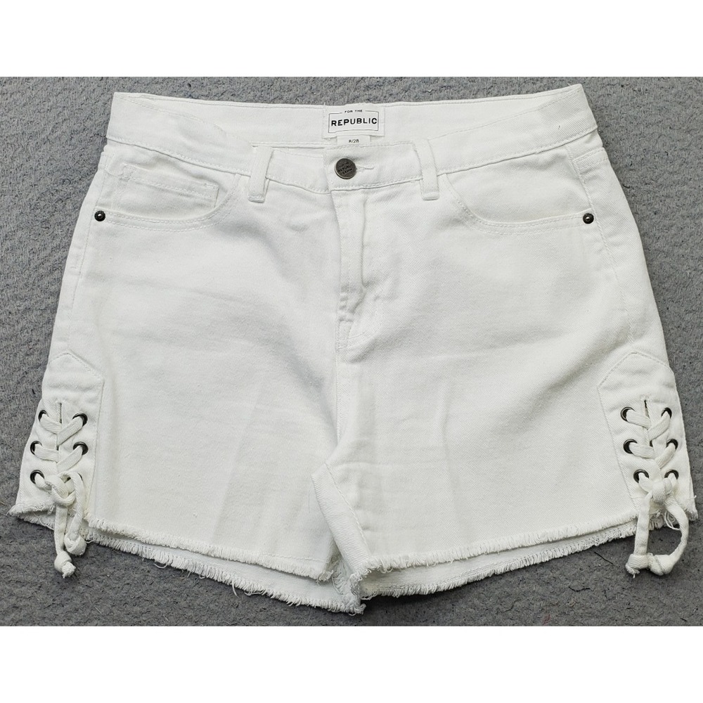 For The Republic Shorts Womens 8/28 White Denim Lace Up Side Frayed Hem 5 Pocket